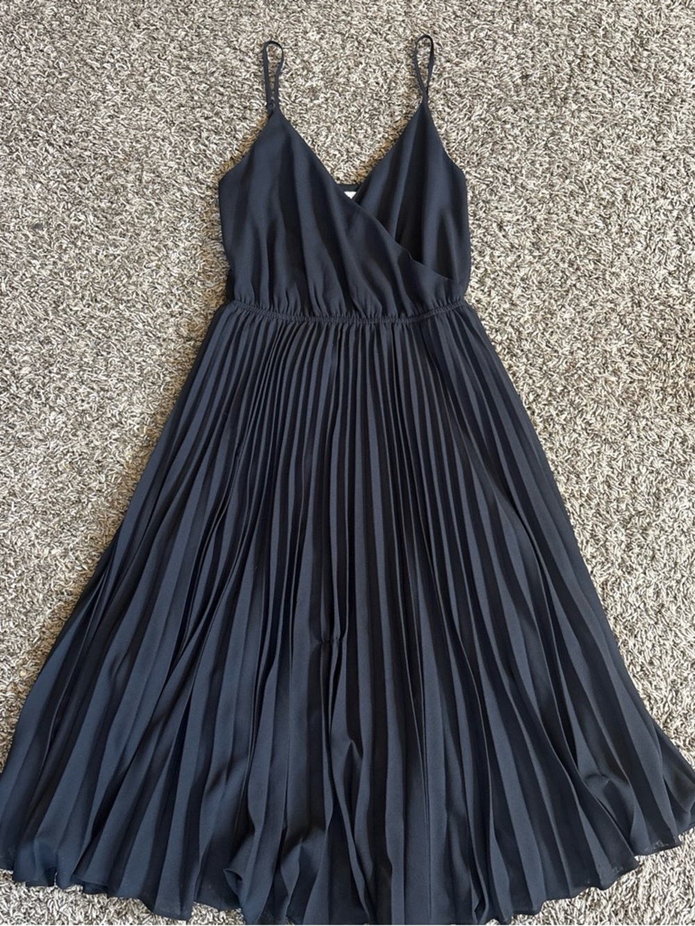 Women's Black Pleated Midi Dress with adjustable Spaghetti Straps